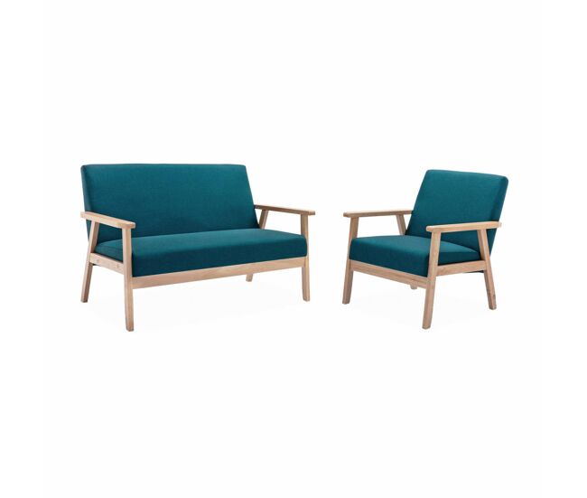 Banco y sillón de madera y tela, 3 plazas, isak, azul esmeralda, 114x69.5x73 cm