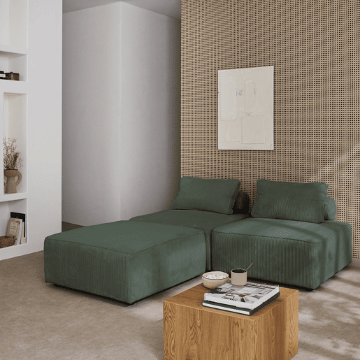 Sofá modular em veludo canelado, 3 lugares, Lao, Verde, 90x90x40 cm
