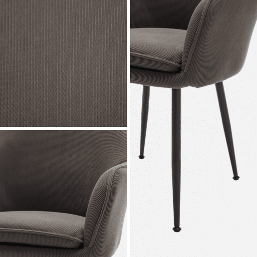 Cadeirão em veludo canelado com pernas em metal, set de 2, Shella veludo, Cinza escuro, 57x59x84.5 cm