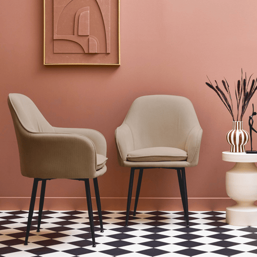 Cadeirão em veludo canelado com pernas em metal, set de 2, Shella veludo, Beige, 57x59x84.5 cm