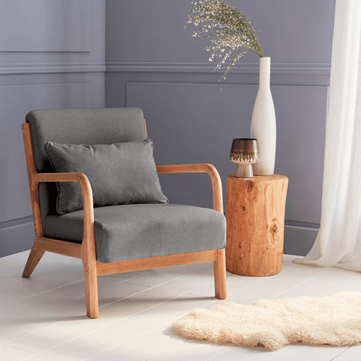Cadeirão de design em madeira e tecido, Lorens boucle, Cinza escuro, 65x80x79 cm