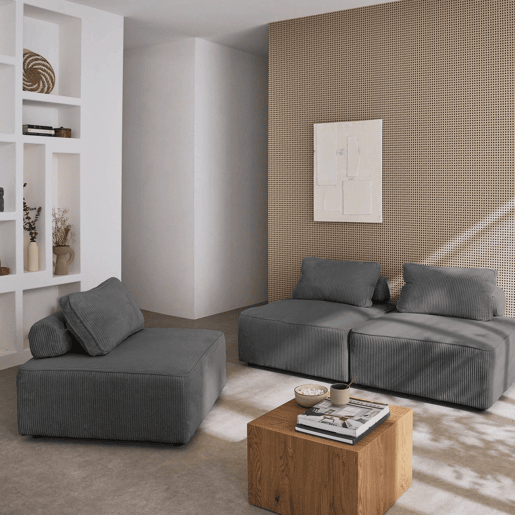 Sofá modular em veludo canelado, 3 lugares, Lao, Cinza escuro, 90x90x40 cm
