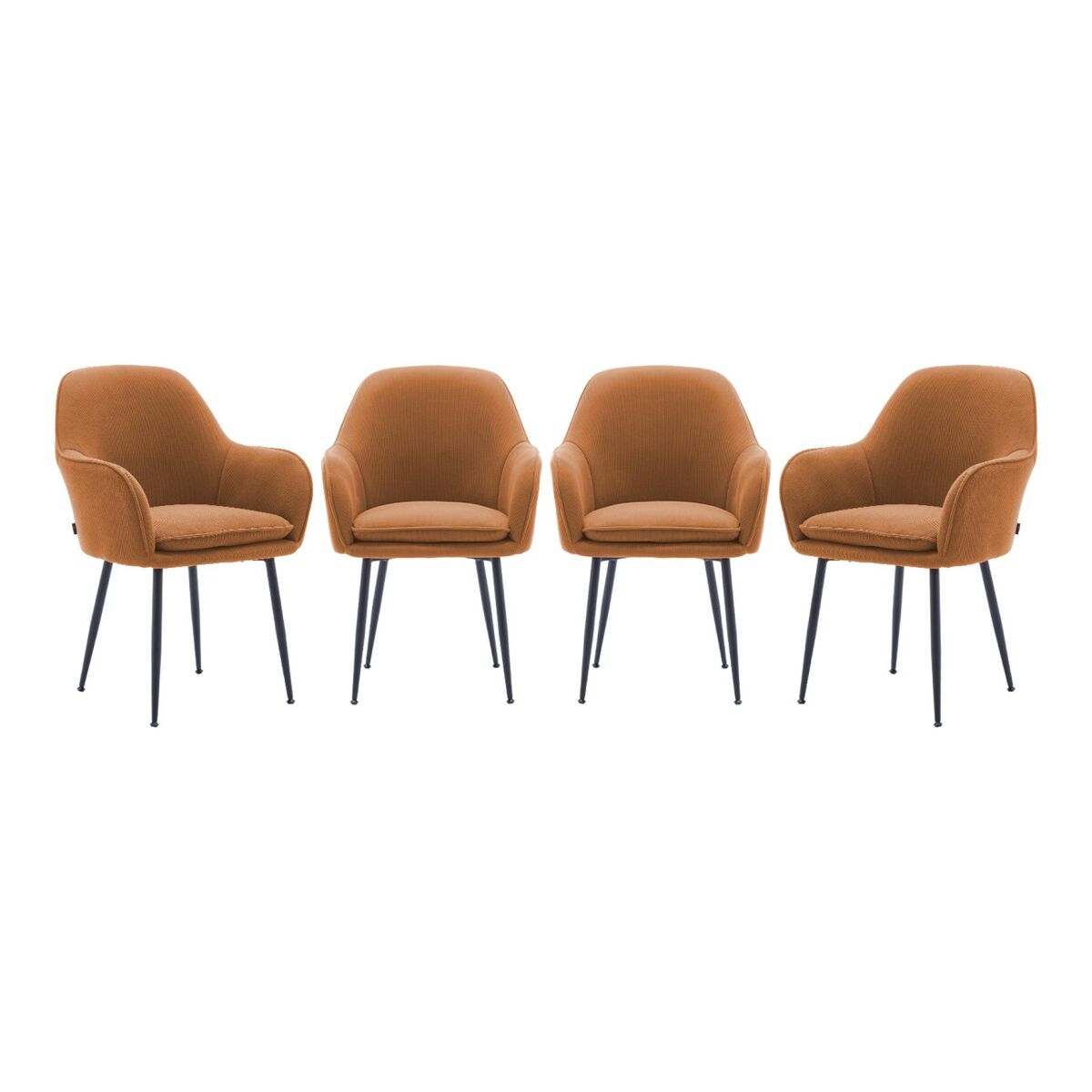 Sillón de terciopelo de canalé y patas de metal negro, set de 4