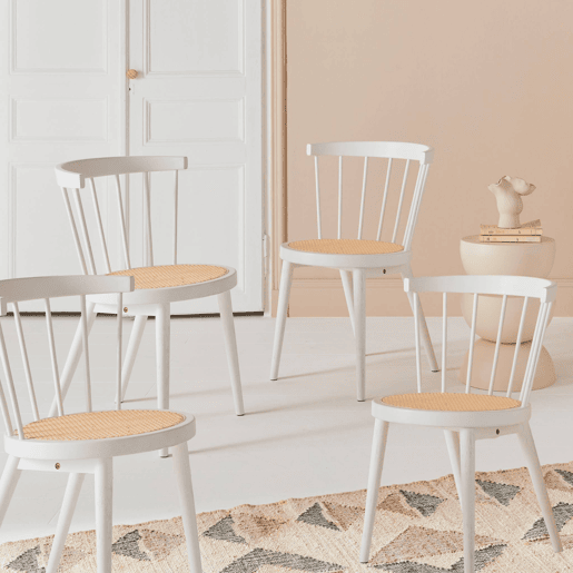 Cadeira de madeira e palhinha, set de 4, Nora, Branco, 53x53.5x76 cm
