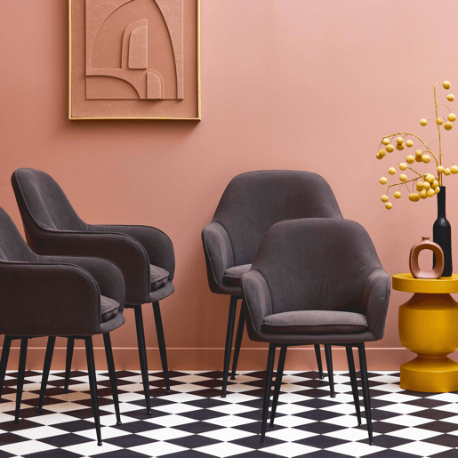 Cadeira de veludo corduroy com pés de metal preto fosco, set de 4, Shella, Cinza escuro, 57x59x84.5 cm