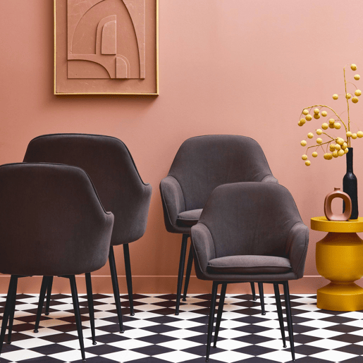 Cadeira de veludo corduroy com pés de metal preto fosco, set de 4, Shella, Cinza escuro, 57x59x84.5 cm