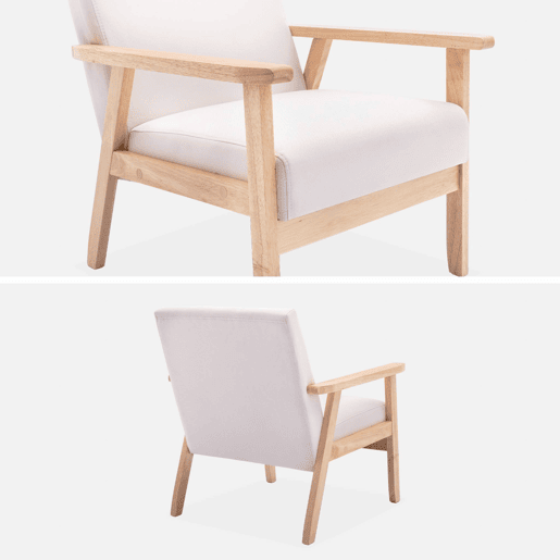 Cadeirão escandinavo em madeira e tecido, Isak, Creme, 64x69.5x73 cm