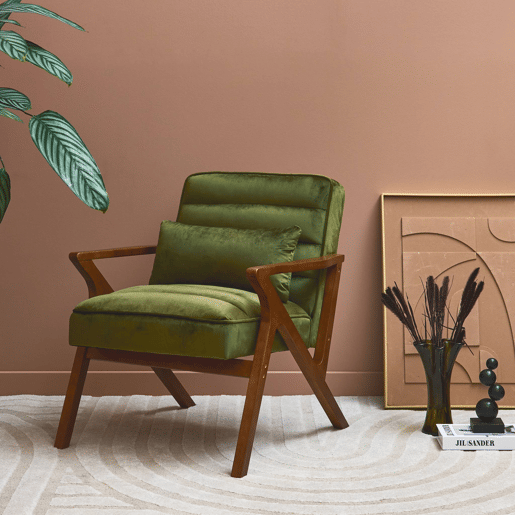 Cadeirão escandinavo em madeira de hevea e veludo, Antoine veludo, Verde caqui, 70.5x75x81 cm