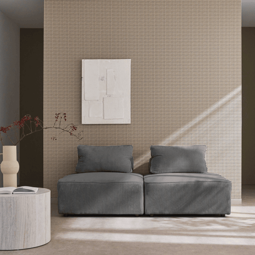 Sofá modular em tecido veludo canelado de 2 lugares, Lao, Cinza escuro, 90x90x40 cm