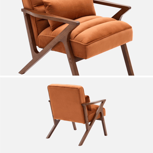 Cadeirão escandinavo em madeira de hevea e veludo, Antoine veludo, Terracota, 70.5x75x81 cm