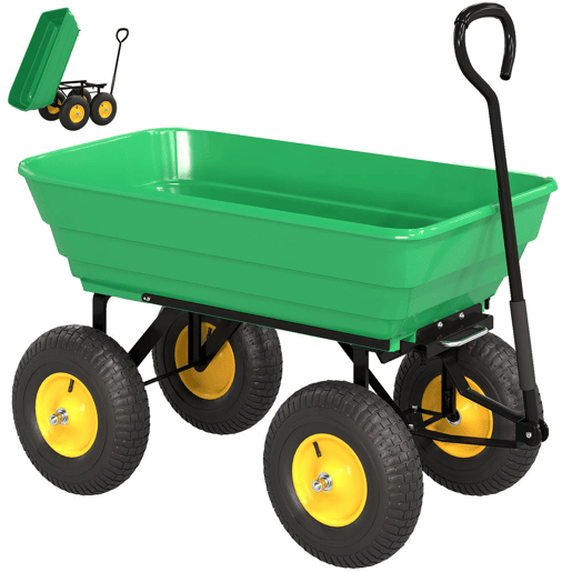 Outsunny Carrinho de Jardim com Caçamba Inclinável até 75° Carrinho de Mão com Guiador Ajustável e 4 Pneus Capacidade Máxima 75L Aço 109x52x94 cm Verde Escuro