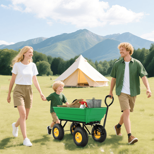 Outsunny Carrinho de Jardim com Caçamba Inclinável até 75° Carrinho de Mão com Guiador Ajustável e 4 Pneus Capacidade Máxima 75L Aço 109x52x94 cm Verde Escuro