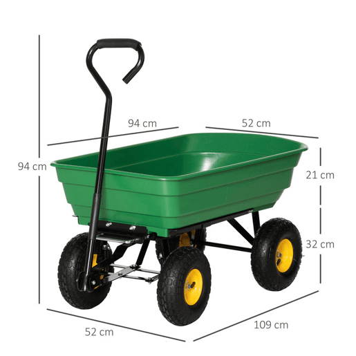 Outsunny Carrinho de Jardim com Caçamba Inclinável até 75° Carrinho de Mão com Guiador Ajustável e 4 Pneus Capacidade Máxima 75L Aço 109x52x94 cm Verde Escuro