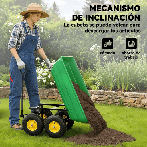 Outsunny Carrinho de Jardim com Caçamba Inclinável até 75° Carrinho de Mão com Guiador Ajustável e 4 Pneus Capacidade Máxima 75L Aço 109x52x94 cm Verde Escuro
