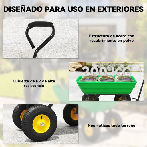 Outsunny Carrinho de Jardim com Caçamba Inclinável até 75° Carrinho de Mão com Guiador Ajustável e 4 Pneus Capacidade Máxima 75L Aço 109x52x94 cm Verde Escuro