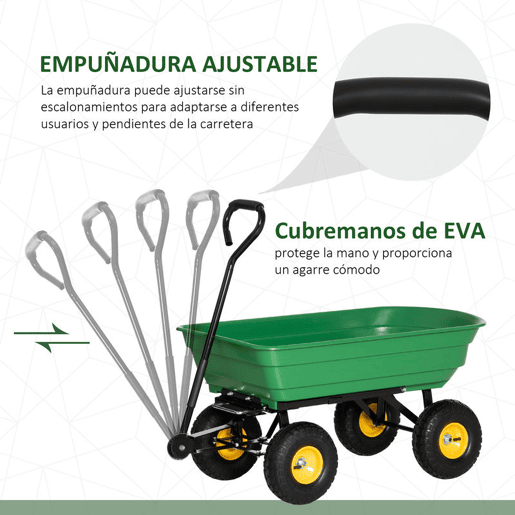 Outsunny Carrinho de Jardim com Caçamba Inclinável até 75° Carrinho de Mão com Guiador Ajustável e 4 Pneus Capacidade Máxima 75L Aço 109x52x94 cm Verde Escuro