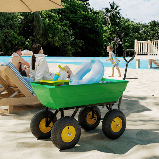 Outsunny Carrinho de Jardim com Caçamba Inclinável até 75° Carrinho de Mão com Guiador Ajustável e 4 Pneus Capacidade Máxima 75L Aço 109x52x94 cm Verde Escuro