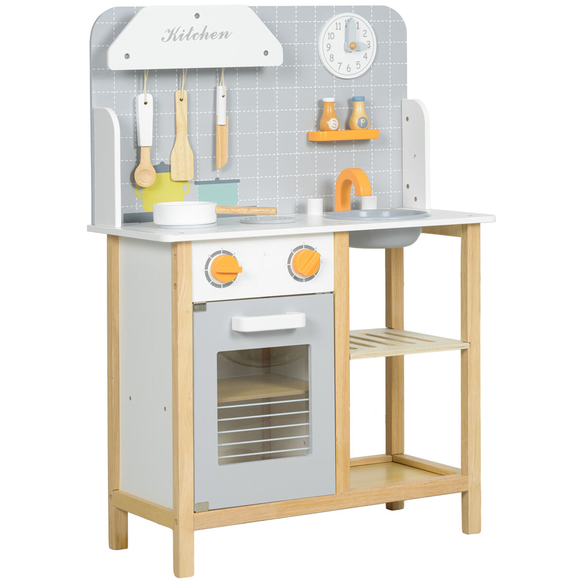 Aiyaplay cocina de juguete para niños +3 años cocinita infantil cocinita de madera infantil con sonido fogón horno grifo fregadero y accesorios de cocina 57x26x82 cm gris