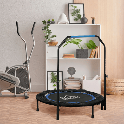 HOMCOM Trampolim Fitness Ø102 Trampolim Dobrável com Pega Ajustável em 4 Níveis Estrutura de Aço para Treino de Pernas Corpo em Casa Escritório Ginásio Azul HOMCOM Trampolim Fitness Ø102 Trampolim Dobrável com Pega Ajustável em 4 Níveis Estrutura de Aço para Treino de Pernas Corpo em Casa Escritório Ginásio Azul