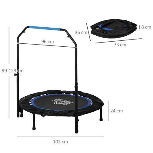 HOMCOM Trampolim Fitness Ø102 Trampolim Dobrável com Pega Ajustável em 4 Níveis Estrutura de Aço para Treino de Pernas Corpo em Casa Escritório Ginásio Azul HOMCOM Trampolim Fitness Ø102 Trampolim Dobrável com Pega Ajustável em 4 Níveis Estrutura de Aço para Treino de Pernas Corpo em Casa Escritório Ginásio Azul