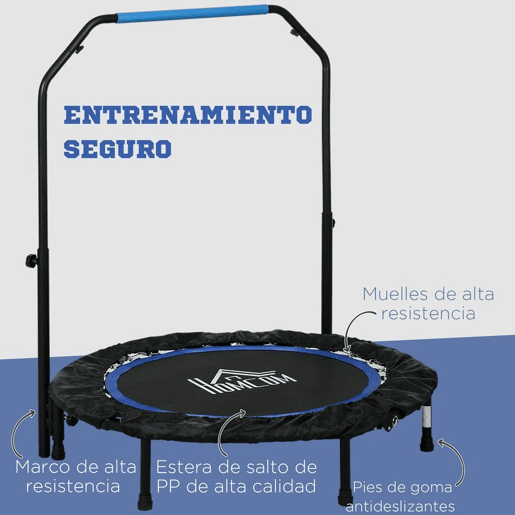 HOMCOM Trampolim Fitness Ø102 Trampolim Dobrável com Pega Ajustável em 4 Níveis Estrutura de Aço para Treino de Pernas Corpo em Casa Escritório Ginásio Azul HOMCOM Trampolim Fitness Ø102 Trampolim Dobrável com Pega Ajustável em 4 Níveis Estrutura de Aço para Treino de Pernas Corpo em Casa Escritório Ginásio Azul