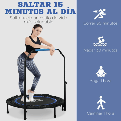 HOMCOM Trampolim Fitness Ø102 Trampolim Dobrável com Pega Ajustável em 4 Níveis Estrutura de Aço para Treino de Pernas Corpo em Casa Escritório Ginásio Azul HOMCOM Trampolim Fitness Ø102 Trampolim Dobrável com Pega Ajustável em 4 Níveis Estrutura de Aço para Treino de Pernas Corpo em Casa Escritório Ginásio Azul