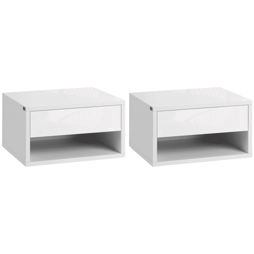 HOMCOM Conjunto de 2 Mesas de Cabeceira Flutuantes Mesas de Cabeceira com Gaveta para Dormitório 37x32x21 cm Branco Brilhante