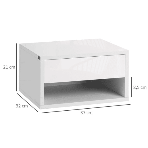 HOMCOM Conjunto de 2 Mesas de Cabeceira Flutuantes Mesas de Cabeceira com Gaveta para Dormitório 37x32x21 cm Branco Brilhante
