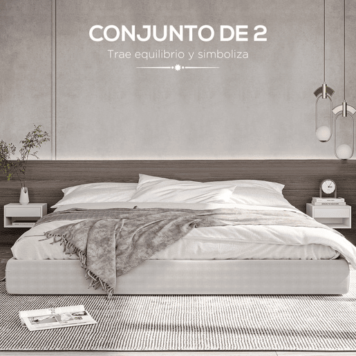 HOMCOM Conjunto de 2 Mesas de Cabeceira Flutuantes Mesas de Cabeceira com Gaveta para Dormitório 37x32x21 cm Branco Brilhante