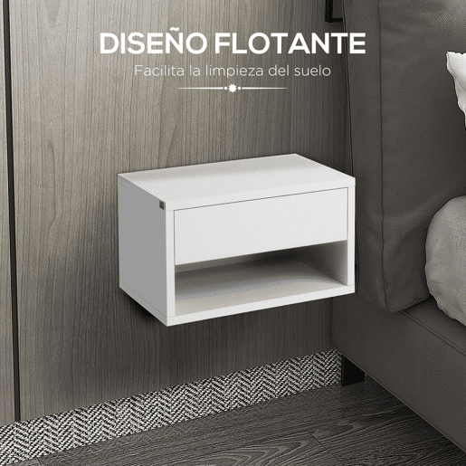 HOMCOM Conjunto de 2 Mesas de Cabeceira Flutuantes Mesas de Cabeceira com Gaveta para Dormitório 37x32x21 cm Branco Brilhante
