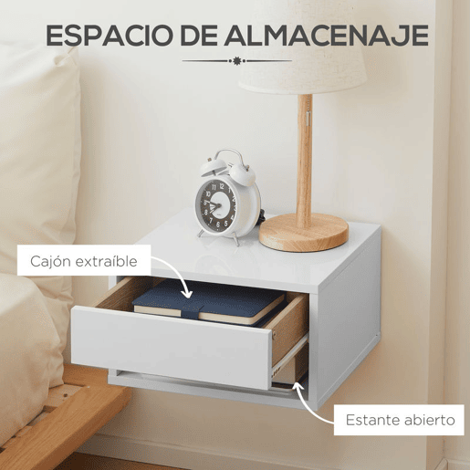 HOMCOM Conjunto de 2 Mesas de Cabeceira Flutuantes Mesas de Cabeceira com Gaveta para Dormitório 37x32x21 cm Branco Brilhante