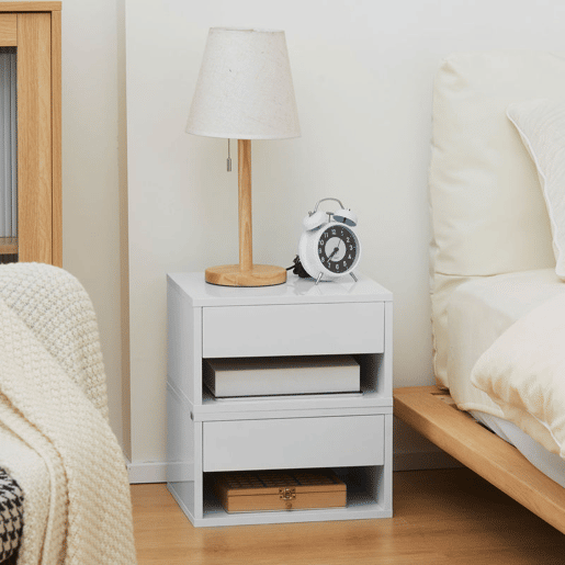 HOMCOM Conjunto de 2 Mesas de Cabeceira Flutuantes Mesas de Cabeceira com Gaveta para Dormitório 37x32x21 cm Branco Brilhante