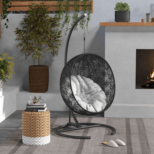 Outsunny Suporte para Cadeira Suspensa com Base Redonda Estrutura Metálica Suporte para Cadeira Suspensa para Interior e Exterior Capacidade 150 kg Ø102x195 cm Preto