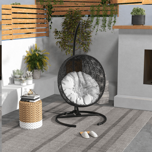 Outsunny Suporte para Cadeira Suspensa com Base Redonda Estrutura Metálica Suporte para Cadeira Suspensa para Interior e Exterior Capacidade 150 kg Ø102x195 cm Preto