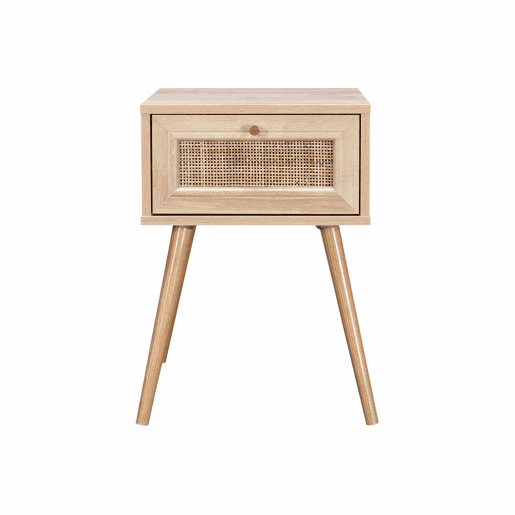 Mesa de cabeceira com efeito madeira e cana, 1 gaveta, Boheme, Natural, 39x39x55.4 cm