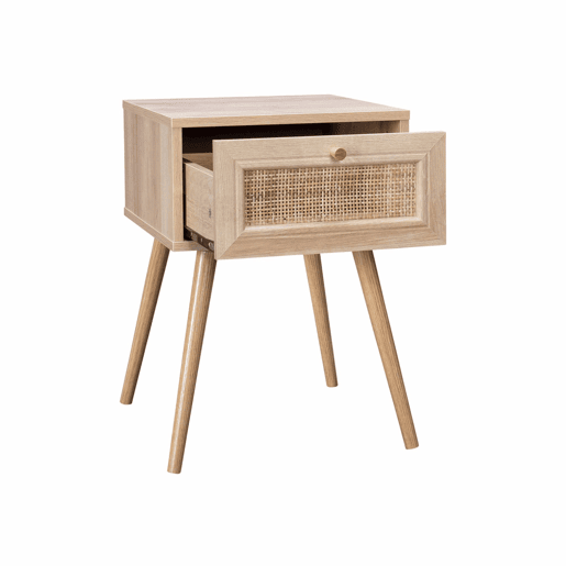 Mesa de cabeceira com efeito madeira e cana, 1 gaveta, Boheme, Natural, 39x39x55.4 cm