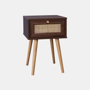 Mesa de cabeceira com efeito madeira e cana, 1 gaveta, Boheme, Madeira escura, 39x39x55.4 cm