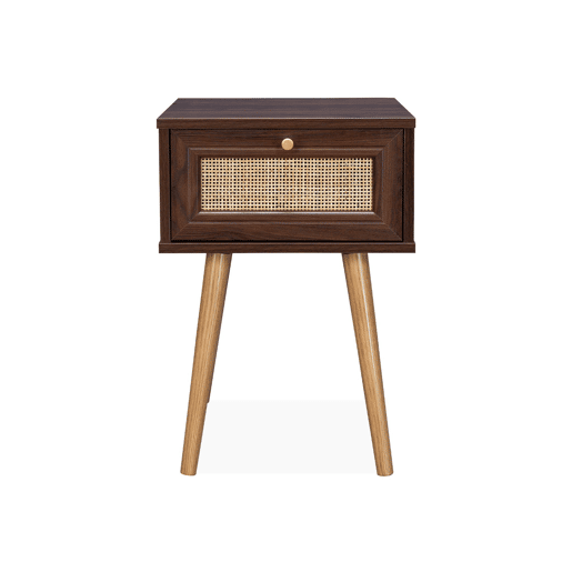 Mesa de cabeceira com efeito madeira e cana, 1 gaveta, Boheme, Madeira escura, 39x39x55.4 cm