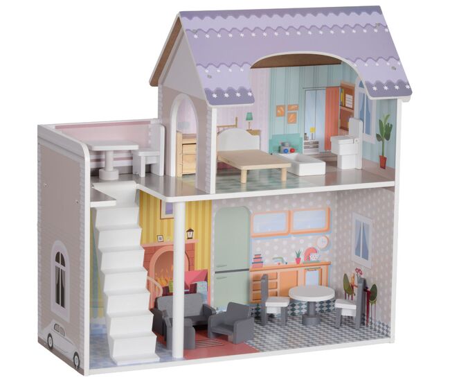 Aiyaplay casa de muñecas con muebles y accesorios casita de muñecas de madera con balcón 2 pisos juguete para niños y niñas a partir de 3 años 60x26,6x60 cm multicolor