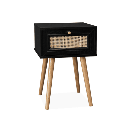 Mesa de cabeceira com efeito madeira e cana, 1 gaveta, Boheme, Preto, 39x39x55.4 cm