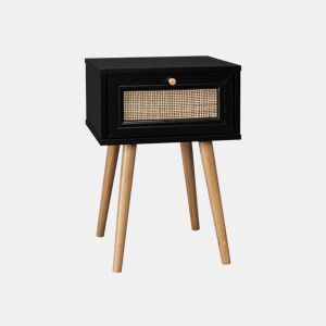 Mesa de cabeceira com efeito madeira e cana, 1 gaveta, Boheme, Preto, 39x39x55.4 cm