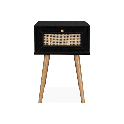 Mesa de cabeceira com efeito madeira e cana, 1 gaveta, Boheme, Preto, 39x39x55.4 cm