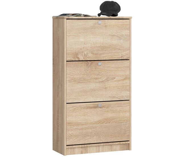 Zapatero con 3 compartimentos akord roble sonoma 60 cm 3 puertas basculantes frente en color roble sonoma 60x28,5x113 cm