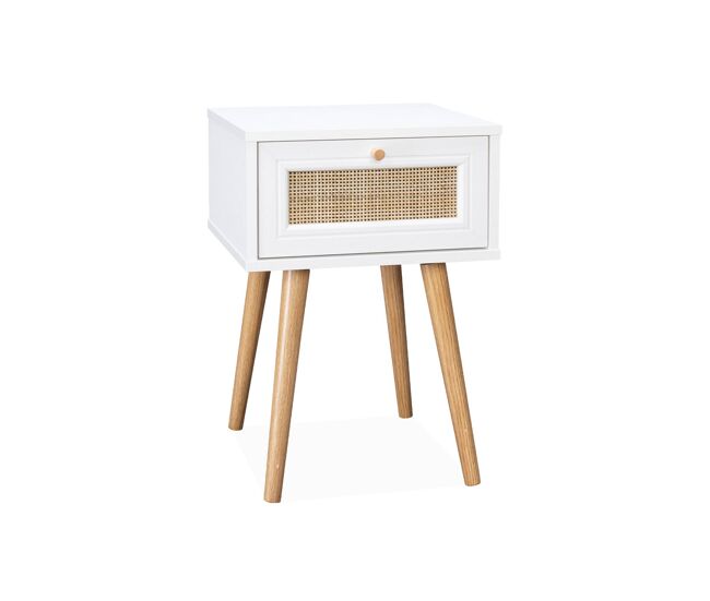 Mesita de noche escandinava efecto madera y caña con 1 cajón, boheme, blanco roto, 39x39x55.4 cm
