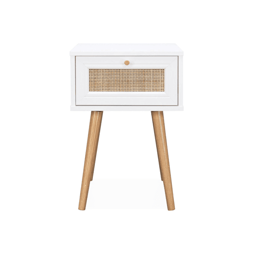 Mesa de cabeceira com efeito madeira e cana, 1 gaveta, Boheme, Branco sujo, 39x39x55.4 cm