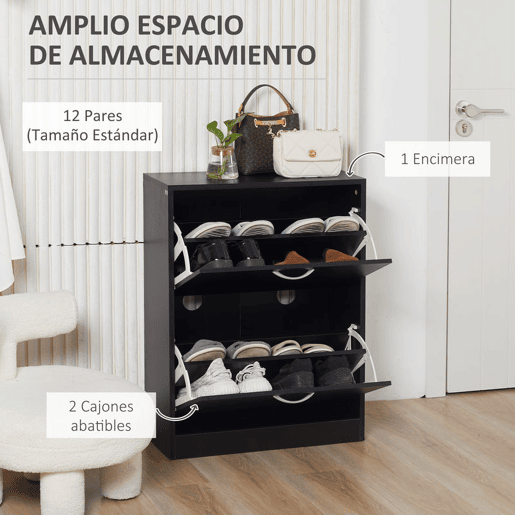 HOMCOM Sapateira de Madeira Armário para Sapatos com 2 Compartimentos para Entrada Corredor Dormitório Sala de Estar 60x24x80 cm Preto