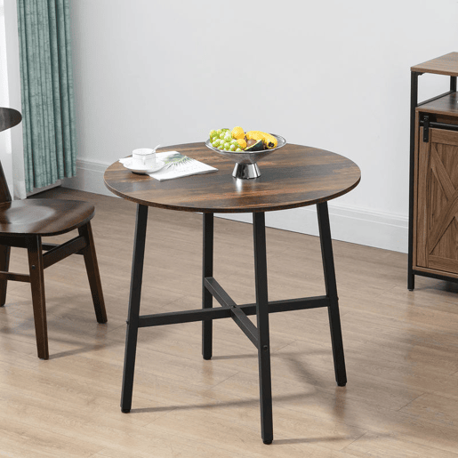 HOMCOM Mesa de Sala de Jantar Redonda para 4 Pessoas Mesa de Cozinha Moderna com Pés de Aço Ø80x76 cm Marrom e Preto