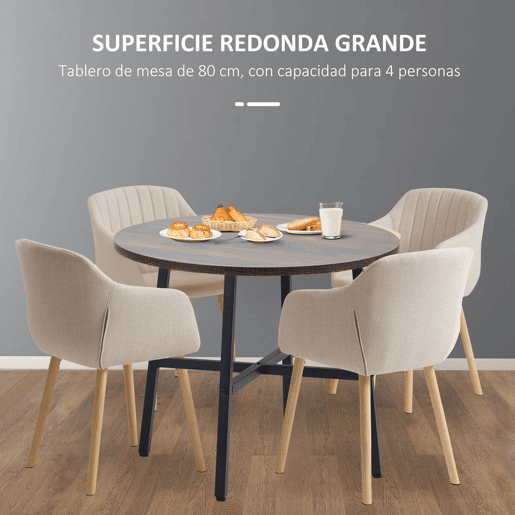 HOMCOM Mesa de Sala de Jantar Redonda para 4 Pessoas Mesa de Cozinha Moderna com Pés de Aço Ø80x76 cm Marrom e Preto