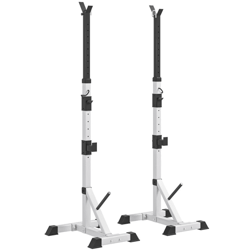 HOMCOM Suporte para Barras de Pesos Ajustável Estante Multifuncional 2 Peças de Aço Treinamento em Casa Peso 200 kg 58,5x75,5x136-176 cm Prata e Preto HOMCOM Suporte para Barras de Pesos Ajustável Estante Multifuncional 2 Peças de Aço Treinamento em Casa Peso 200 kg 58,5x75,5x136-176 cm Prata e Preto