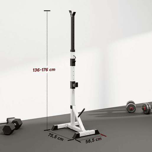 HOMCOM Suporte para Barras de Pesos Ajustável Estante Multifuncional 2 Peças de Aço Treinamento em Casa Peso 200 kg 58,5x75,5x136-176 cm Prata e Preto HOMCOM Suporte para Barras de Pesos Ajustável Estante Multifuncional 2 Peças de Aço Treinamento em Casa Peso 200 kg 58,5x75,5x136-176 cm Prata e Preto